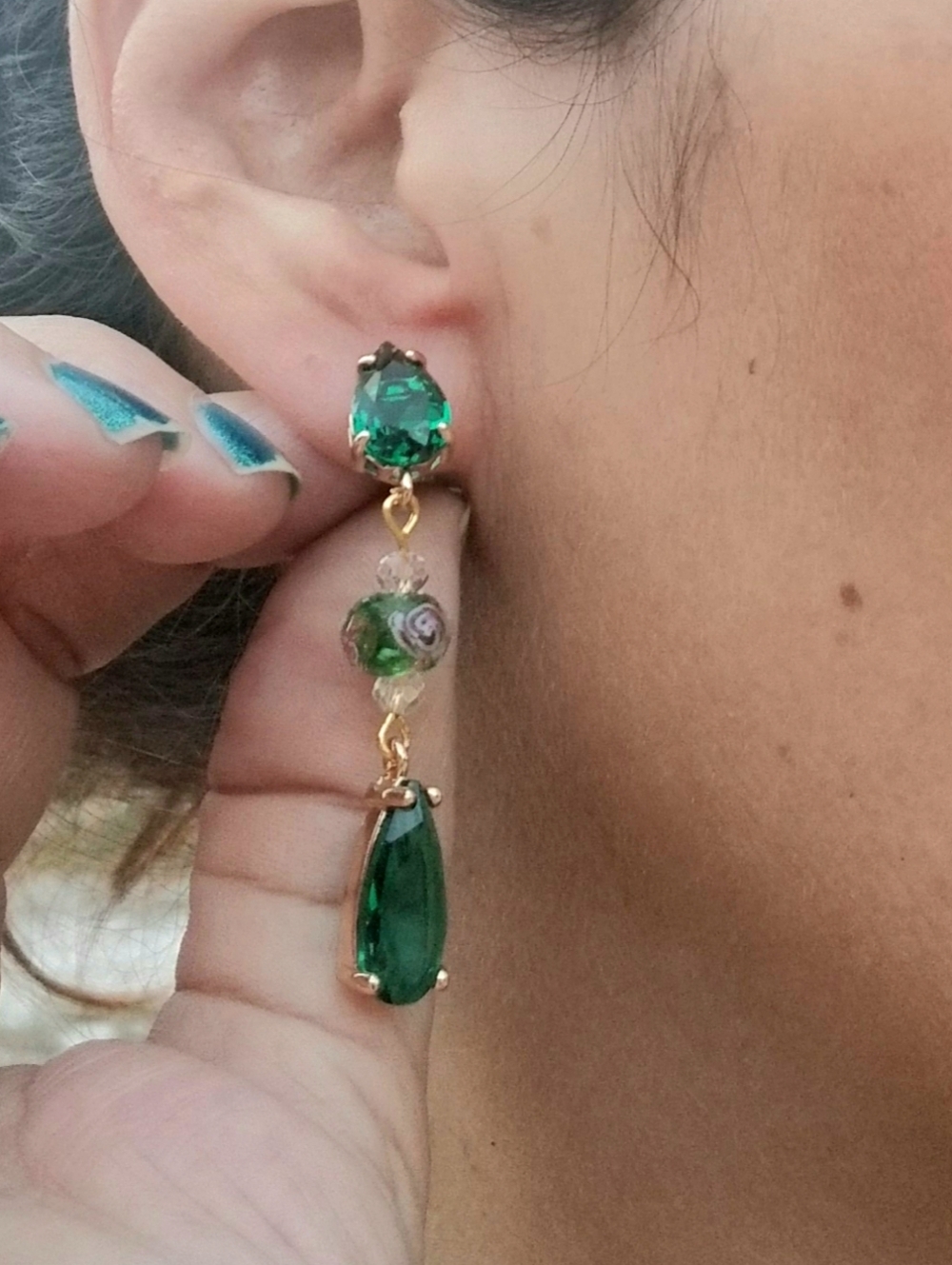 14k Gold Lampwork Glass Beaded Emerald Stud Dangle Earrings - Picture 6 of 7